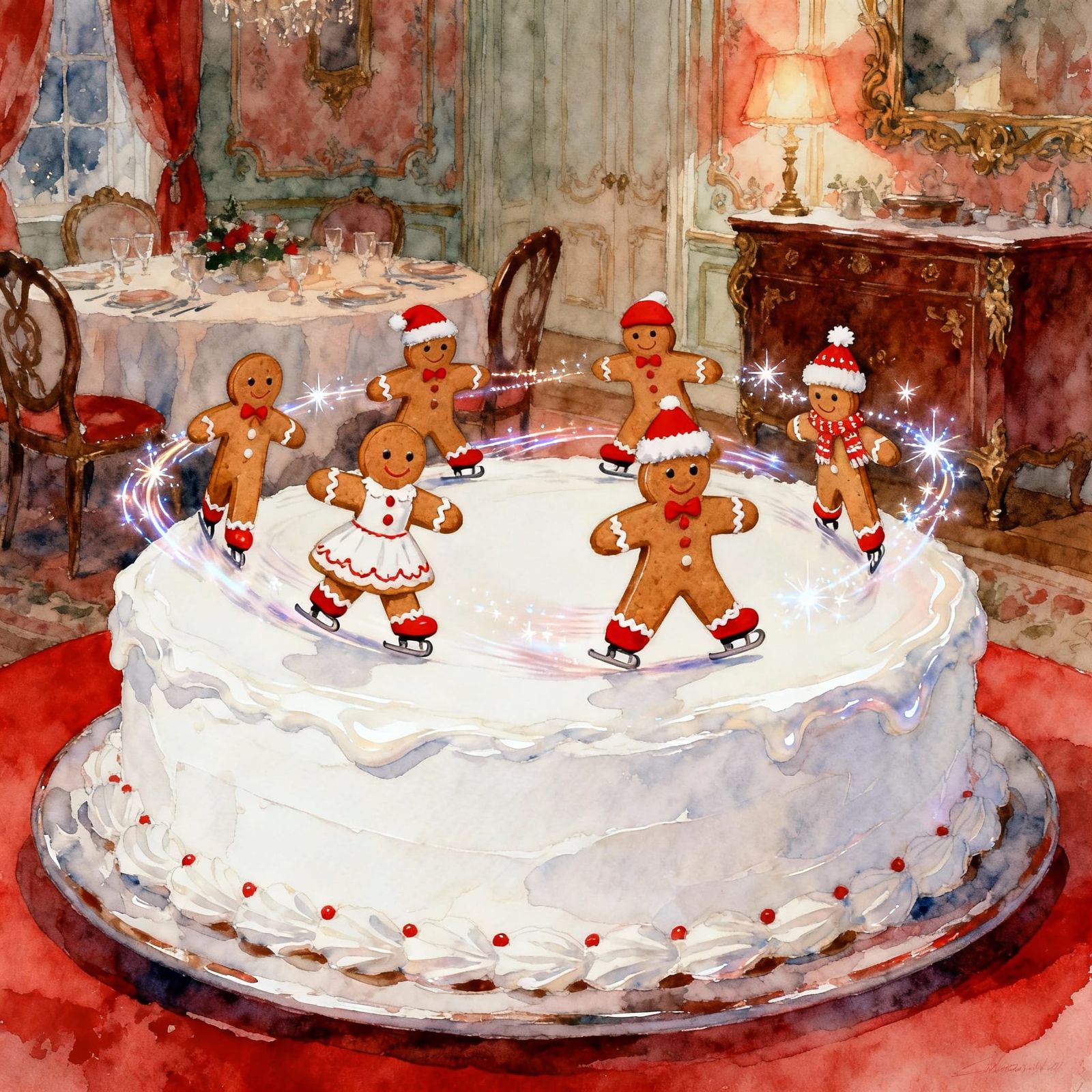 Gingerbread Skaters on Frosted Cake in Watercolor