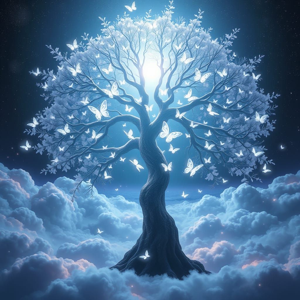 Ethereal Tree of Life Ascends Amidst Cosmic Clouds