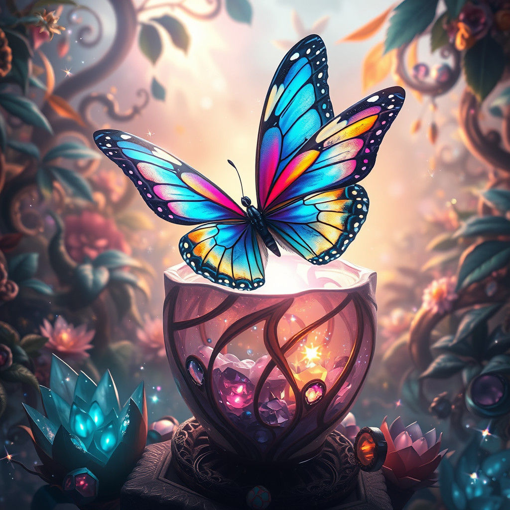 Butterfly Enters Crystal Pot in Matte Painting Style