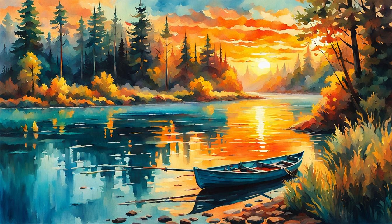 Ethereal River Landscape: Fishing and Camping in Gouache Sty...