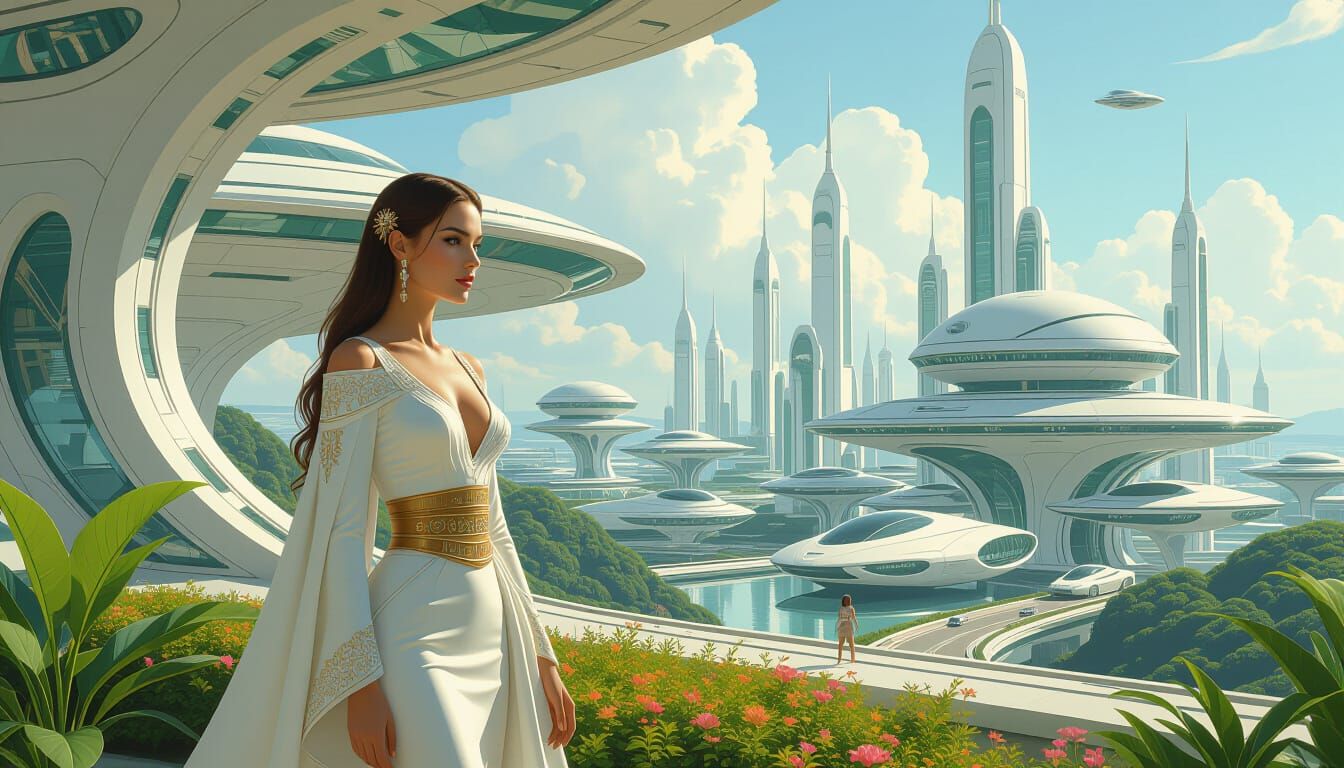 Utopian Frutiger Architecture with Serene Woman