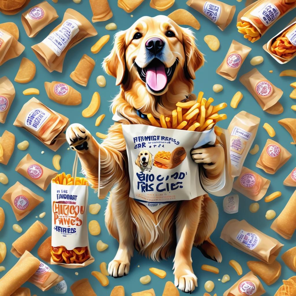 Golden Retriever Enjoying Fries: Fantasy Illustration