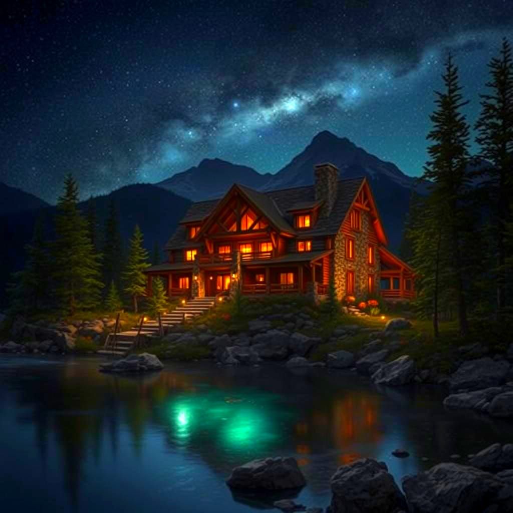 Autumn Lodge by Mountain Lake Under Stellar Sky