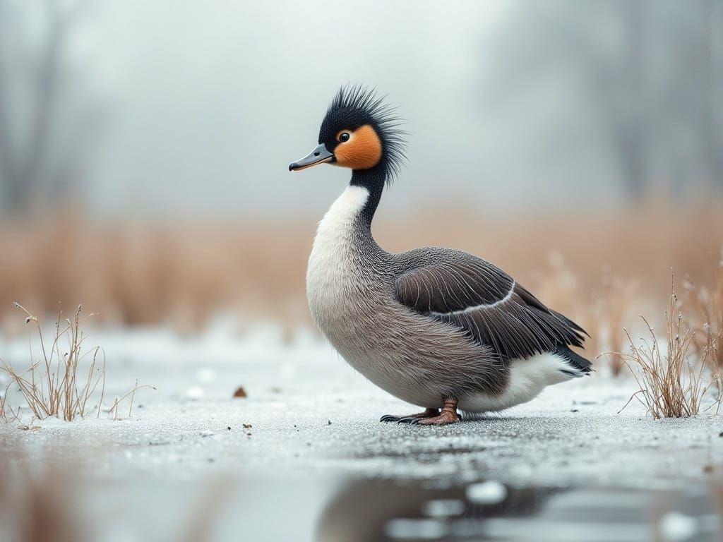 Great Crested Grebe in Frozen, Foggy Landscape