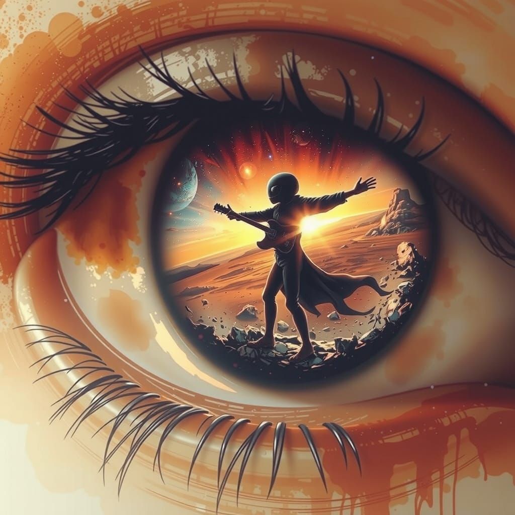 Lone Guitarist on Alien Planet Under Cosmic Sky