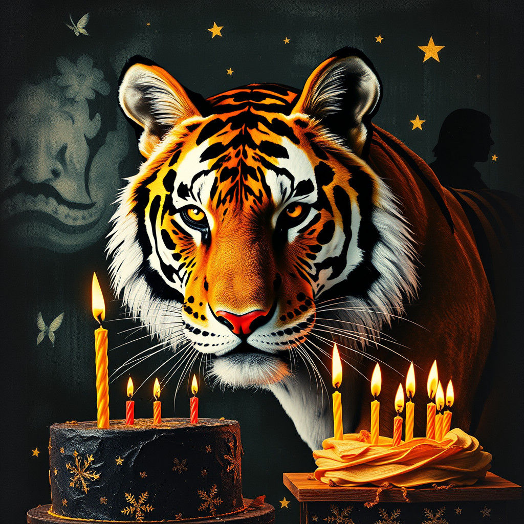 Photomontage of Tiger, Wolf, and Stars in Mixed Media