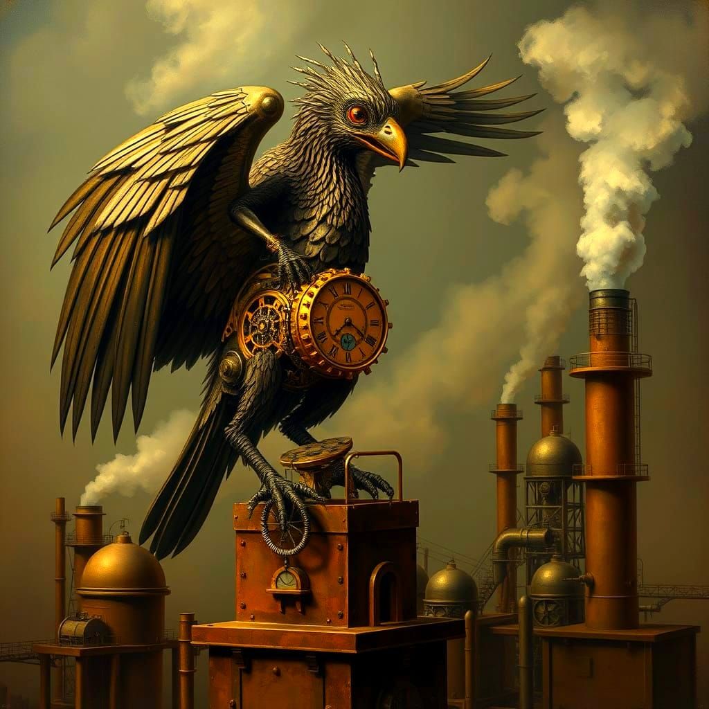 Steampunk Harpy Automaton on Factory, Oil Painting Style
