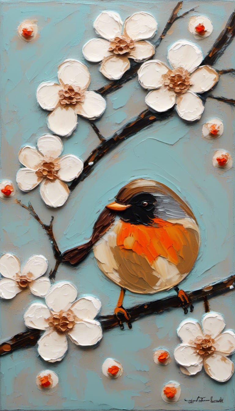Robin on Cherry Blossom Branch: Impasto Oil Painting