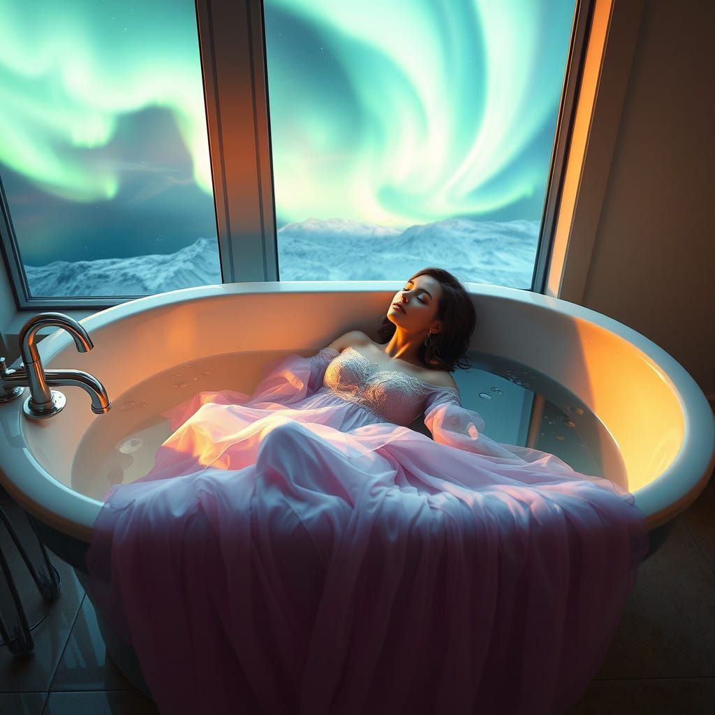 Ethereal Nighttime Bath Scene in a Fantastical Realm
