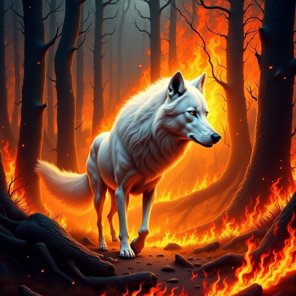 Surreal Wolf Runs Through Fiery Forest in Stunning Matte Pai...