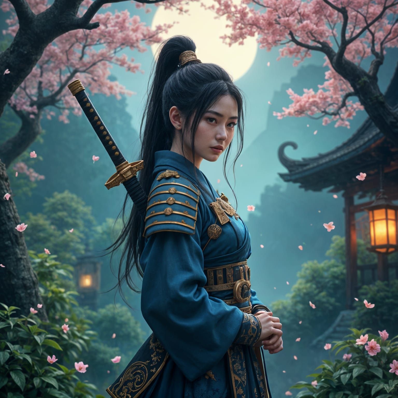 Serene Samurai Woman in Whimsical Moonlit Garden