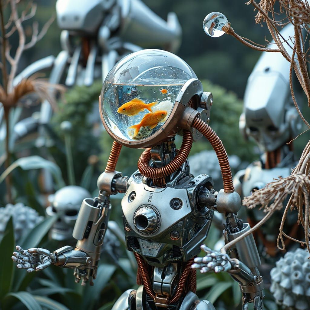 Futuristic Robot with Aquatic Glass Head in Ethereal Garden