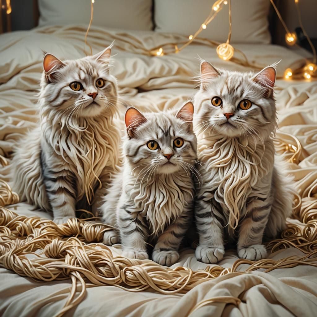 Surreal Cats Play with Yarn: Oil Painting