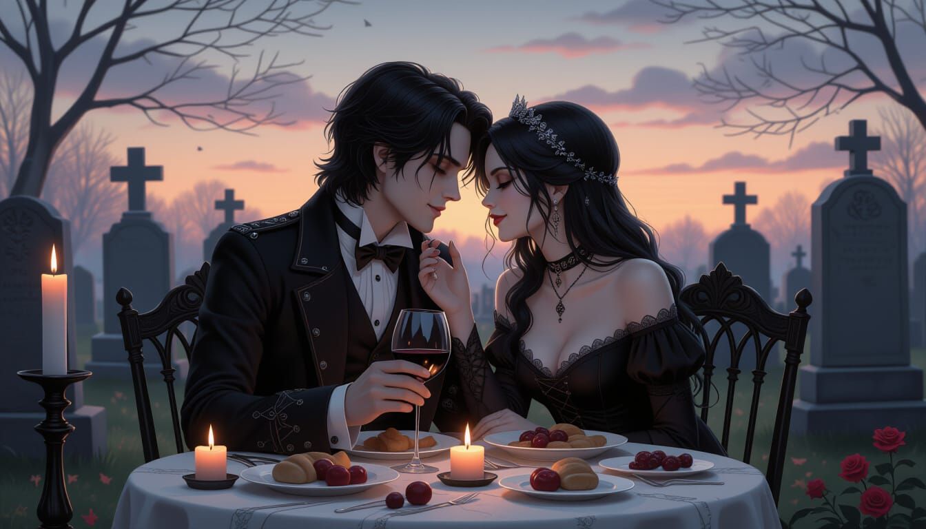 Romantic Gothic Twilight Dinner Among Gravestones