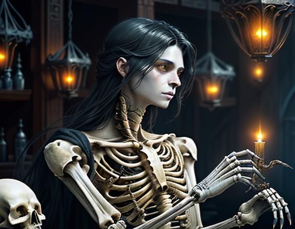 Furry Skeleton Cleans Bones: Dark Fantasy Concept Art