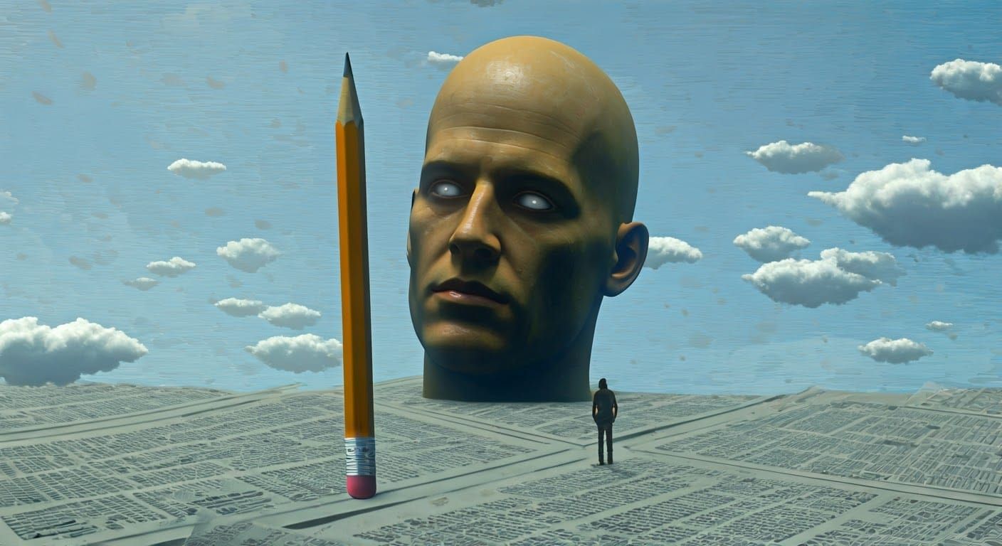 Surreal Giant Head on Newspaper Landscape