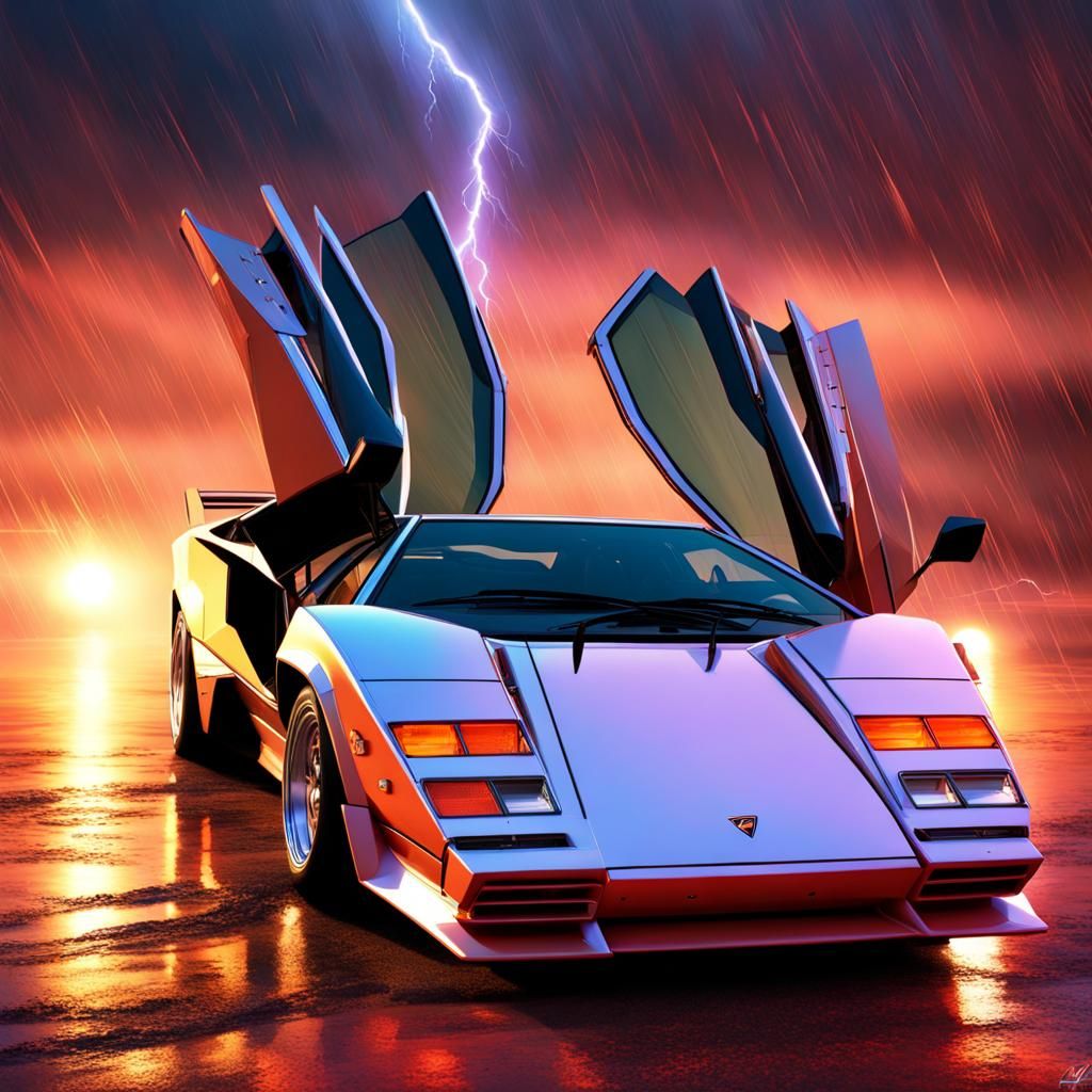 Lamborghini Countach in Dramatic Lightning Storm