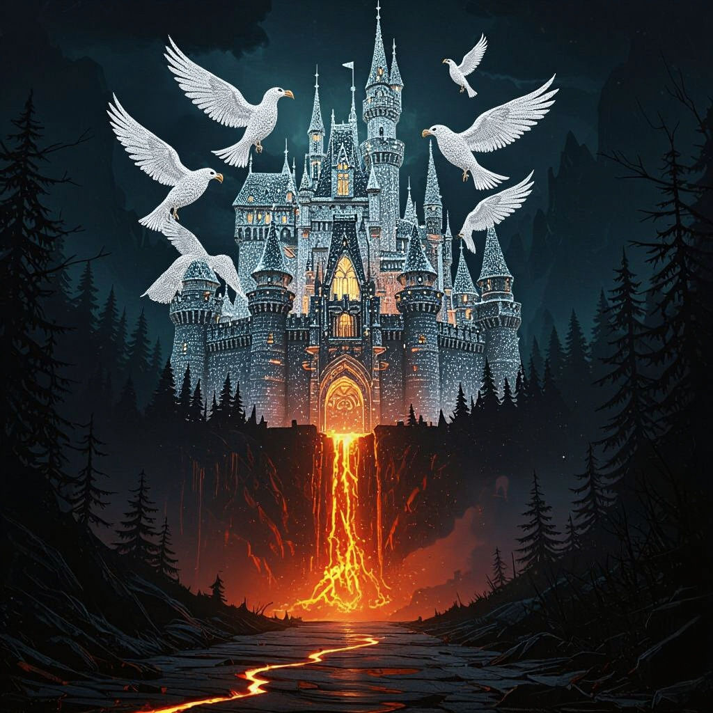 Diamond Castle in Eerie Forest: Mystical and Futuristic Art