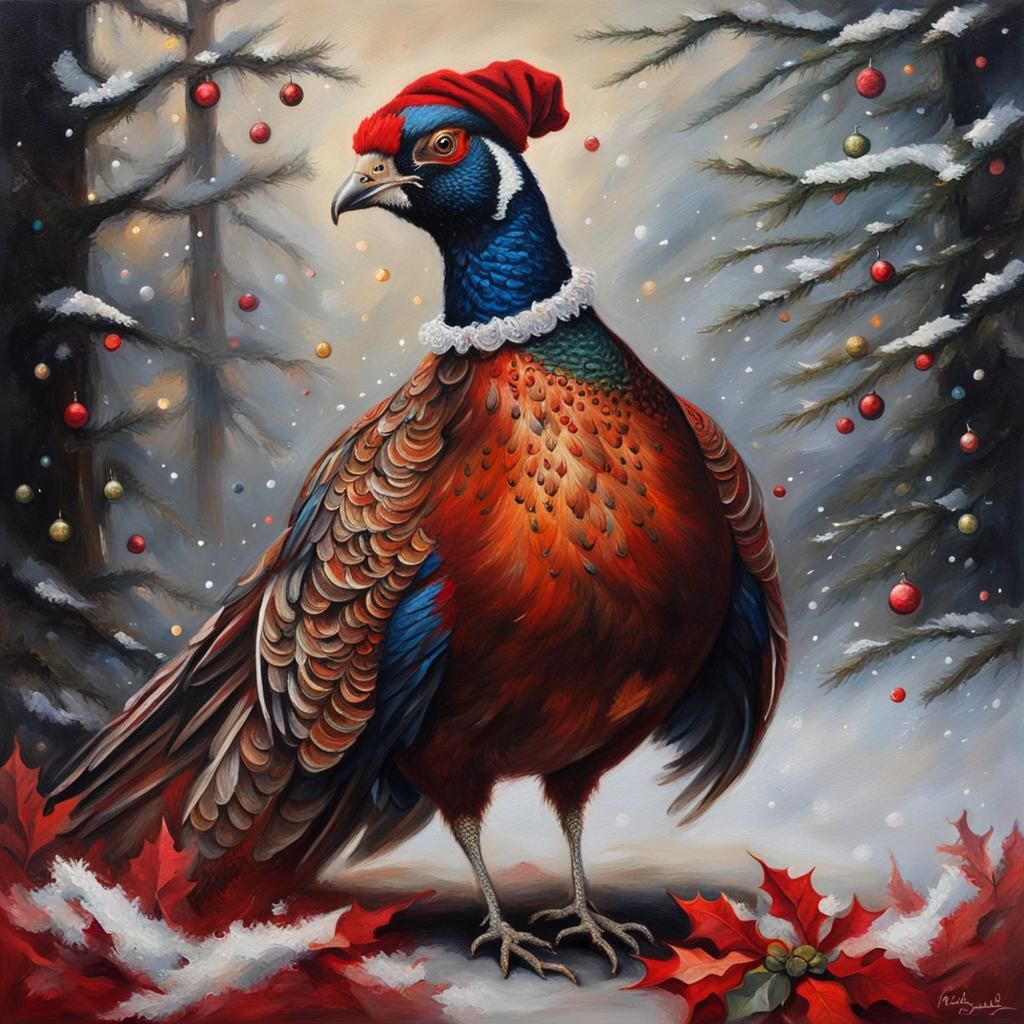 Festive Pheasant in Christmas Jumper: Oil Painting