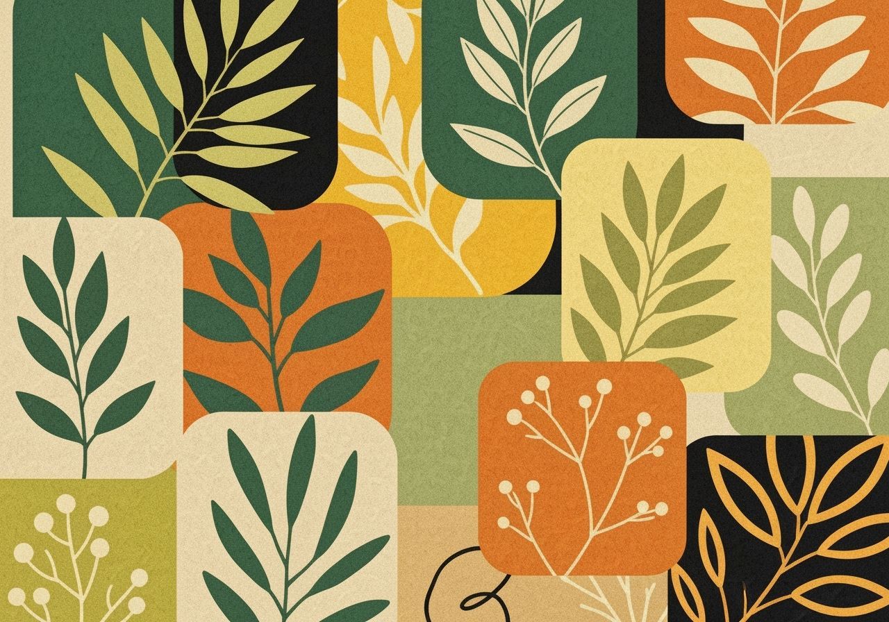 Botanical Mosaic in Earthy Tones, Mid-Century Modern Style