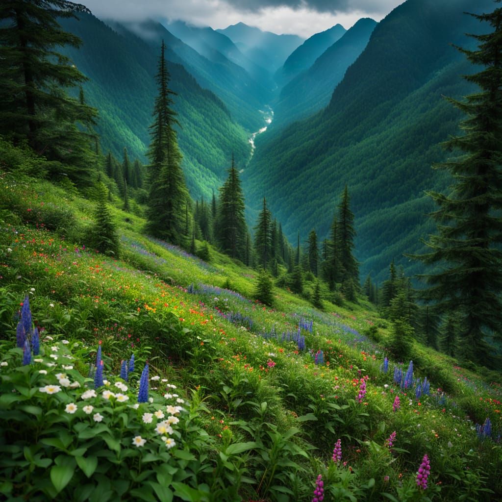 Vibrant Valley Landscape in a Cyberpunk Aesthetic