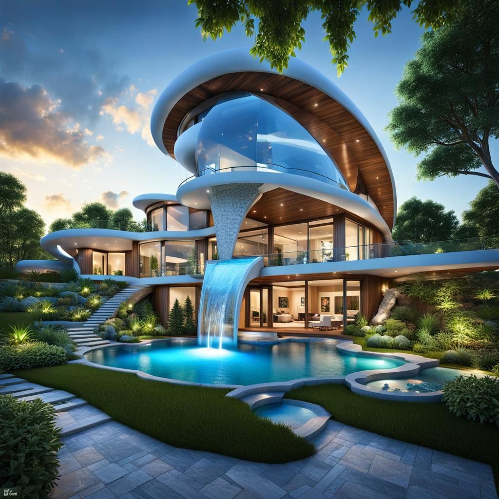 Futuristic Eco-Friendly Home with Indoor Waterfall