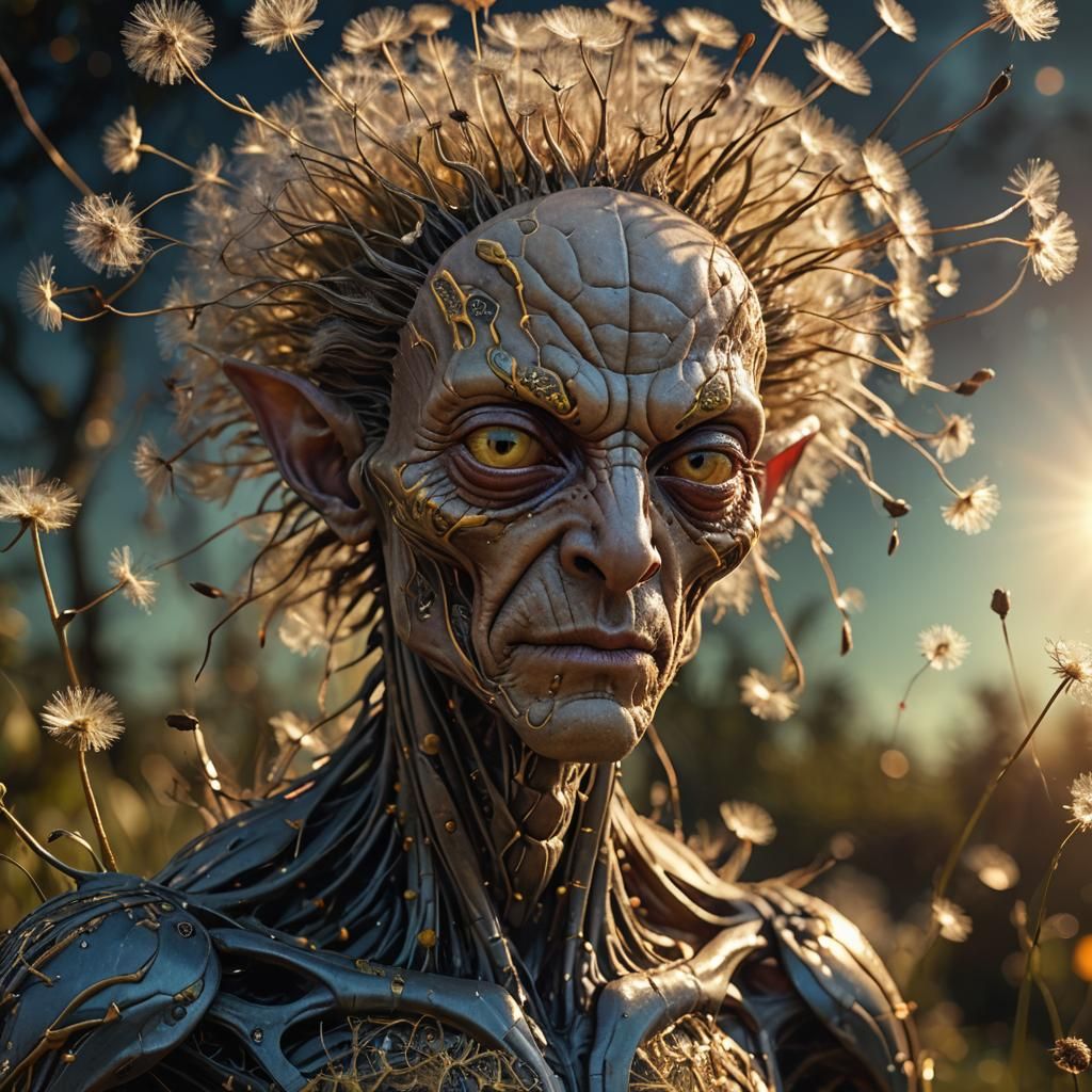 Bizarre Alien with Dandelion Hair in Candy Art Style