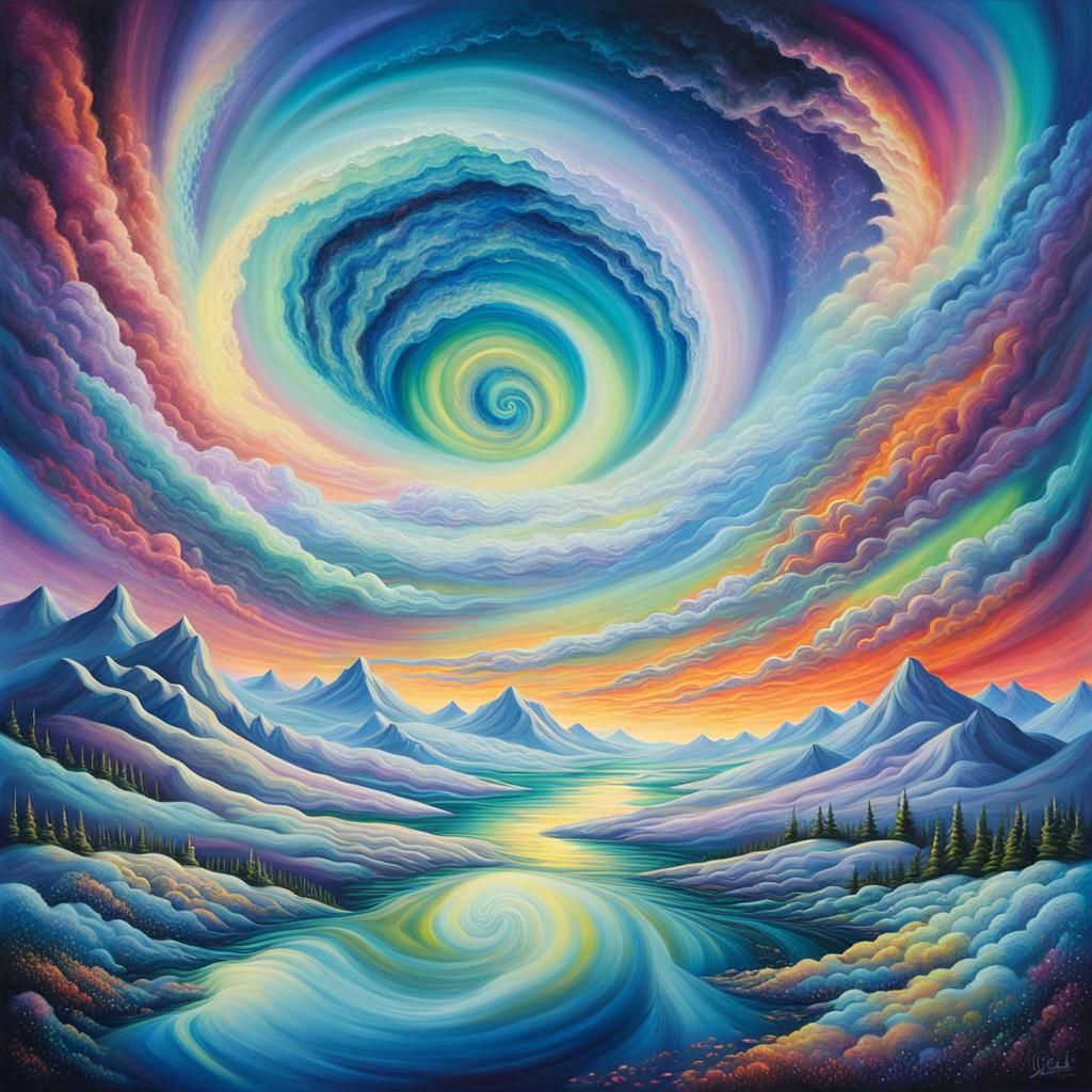 Infinite Consciousness Rising from Aurora: Surreal Oil Paint...