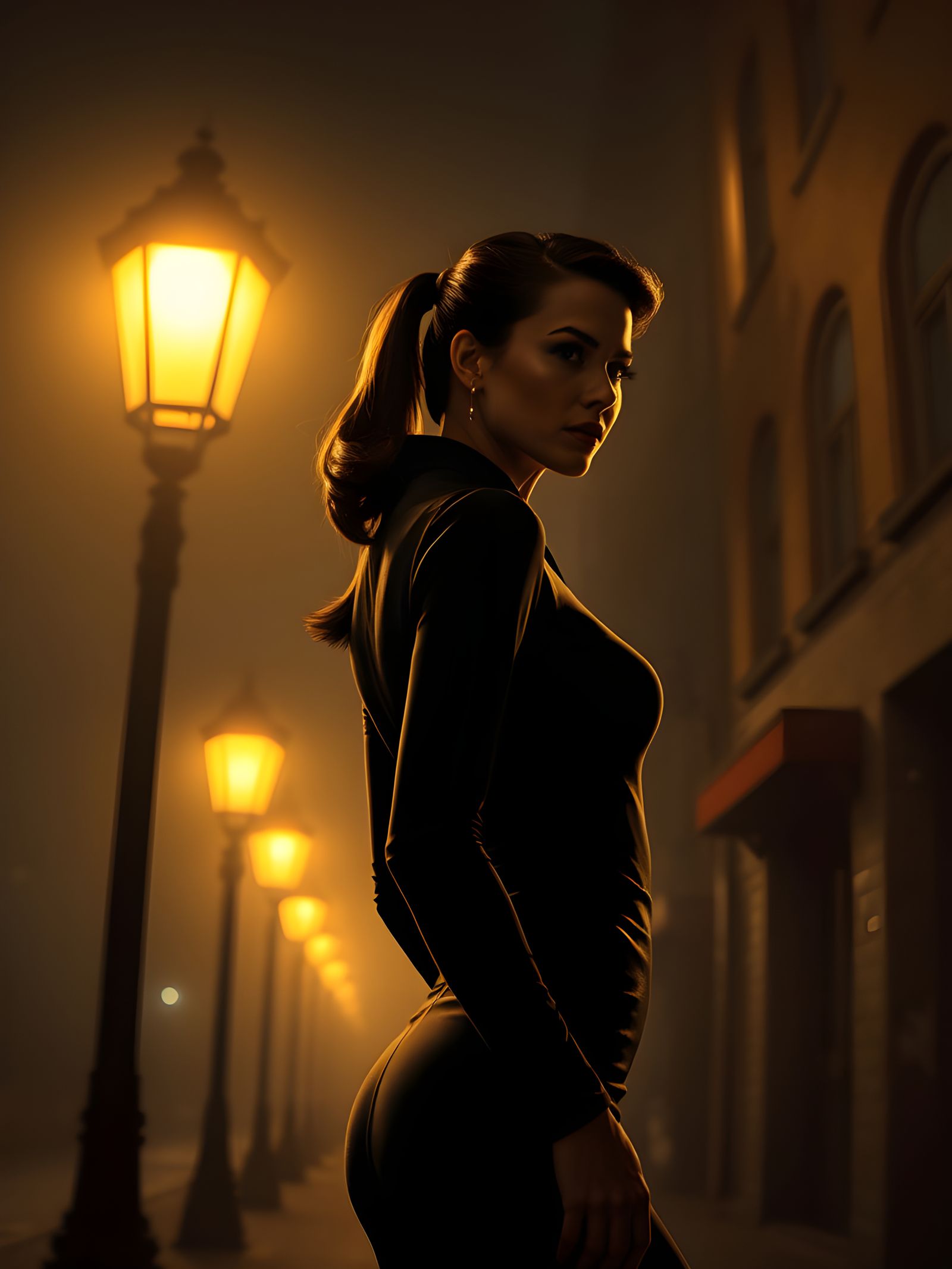 Pulp Era Femme Fatale Silhouette on Foggy Street