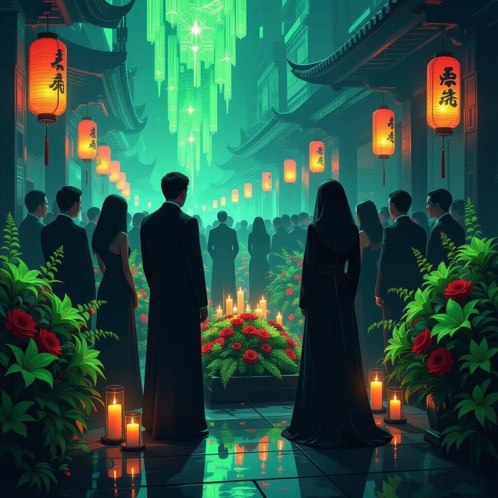Cyberpunk Funeral with Neon Flowers and Lights