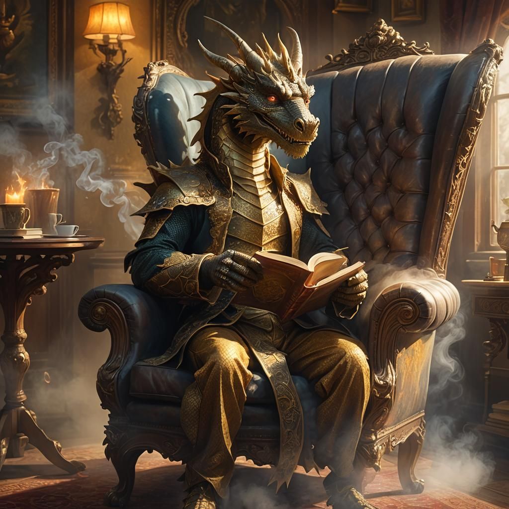 Dragon Sipping Coffee in Cozy Ethereal Setting