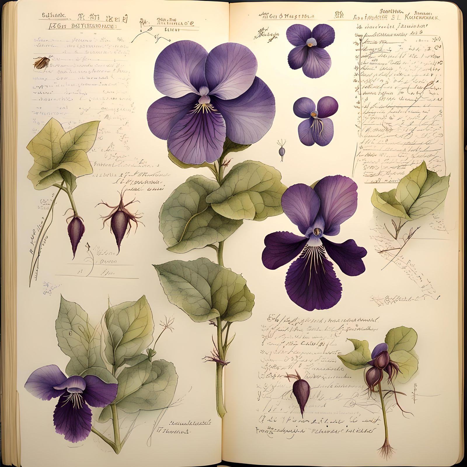 Victorian Botanical Violet Illustration in Dark Academia Sty...