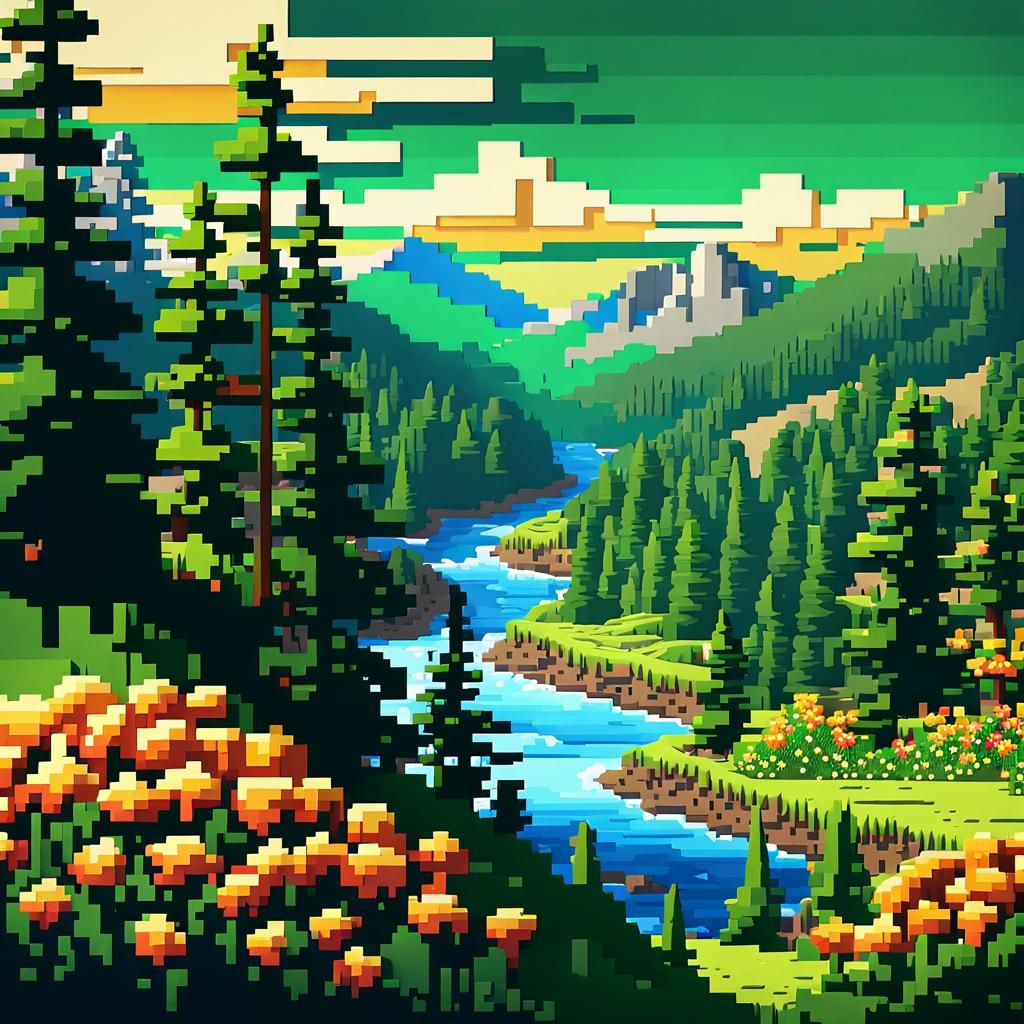 Pixel Art River Through Mountain Landscape