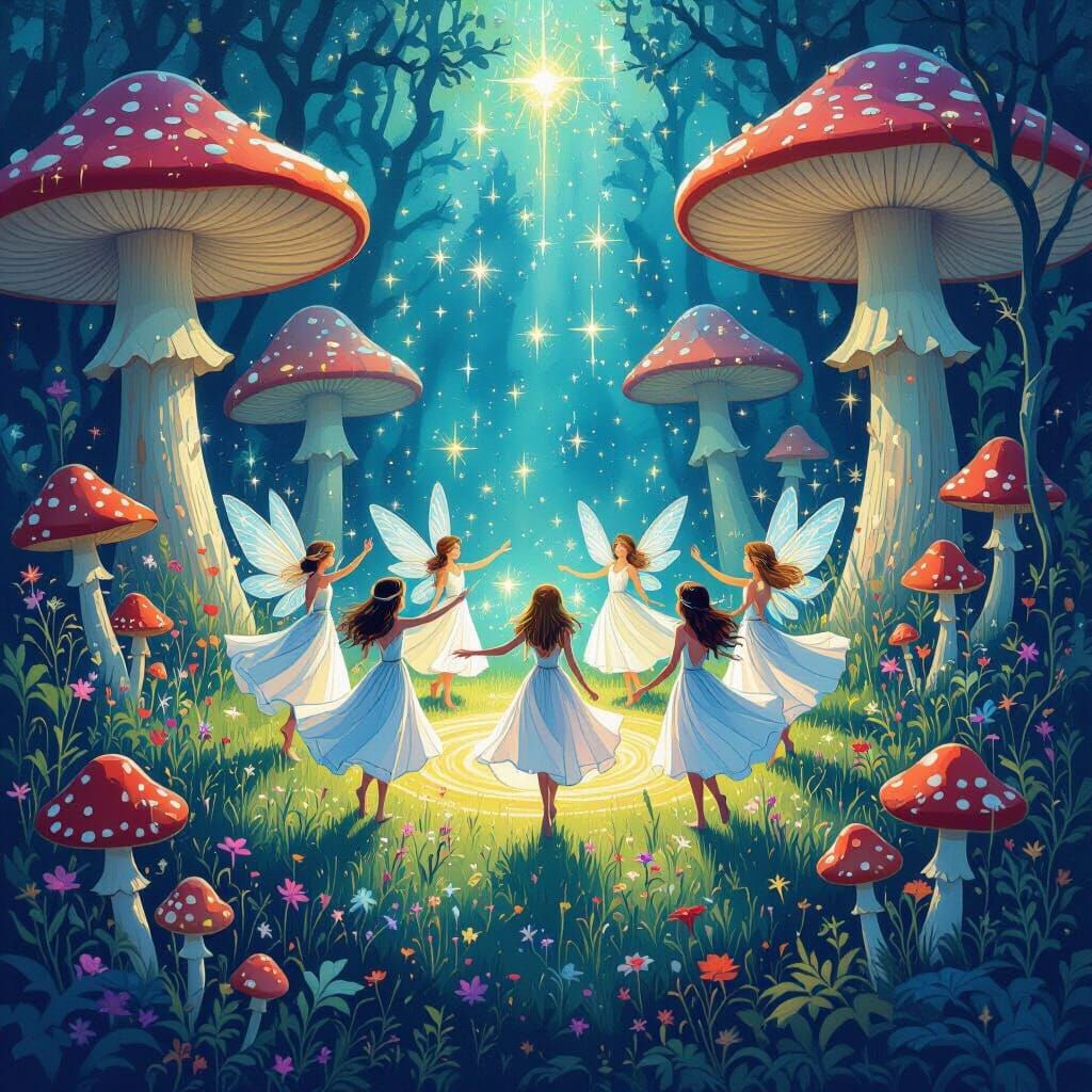 Fairies Dancing in Toadstool Ring with Bioluminescent Spores