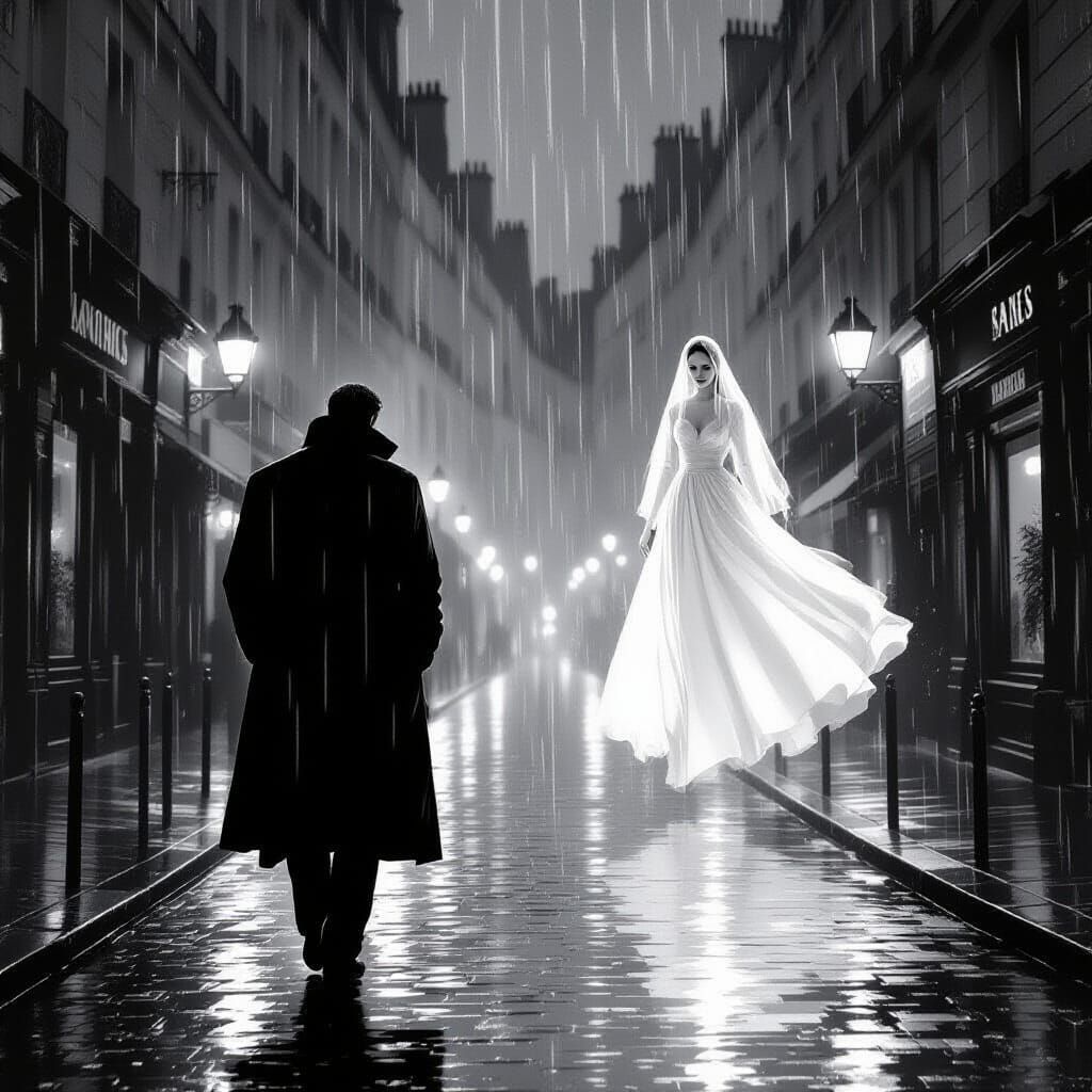 Lonely Man Walking in Rainy Paris Night, Noir Style