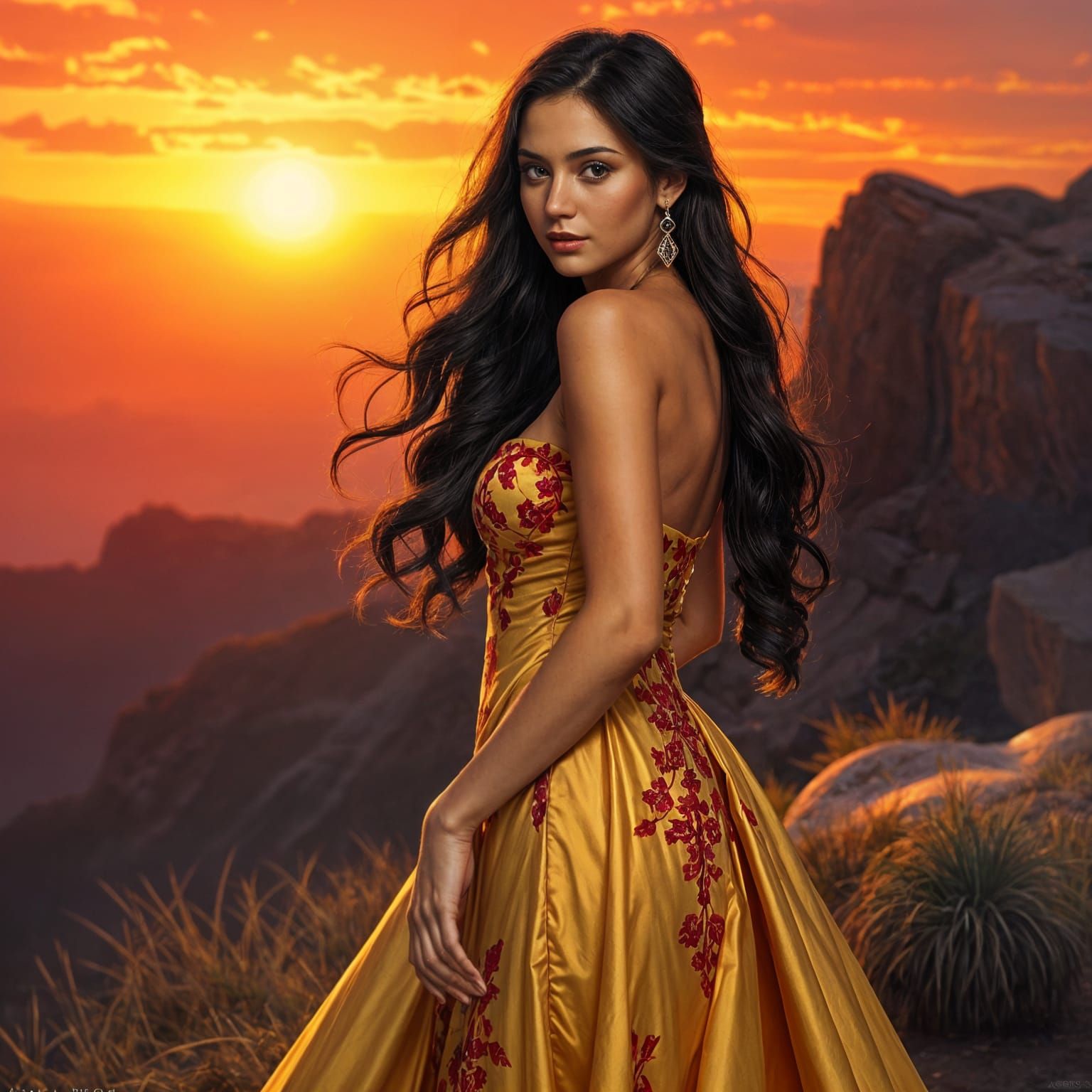 Woman with Black Hair in Sunset Lighting