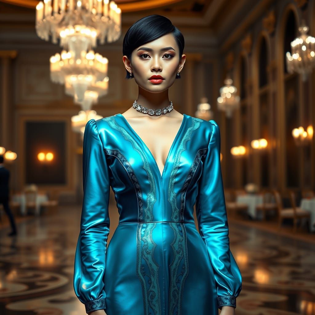 Elegant Woman in Crystal Geode Gown, Grand Ballroom Setting