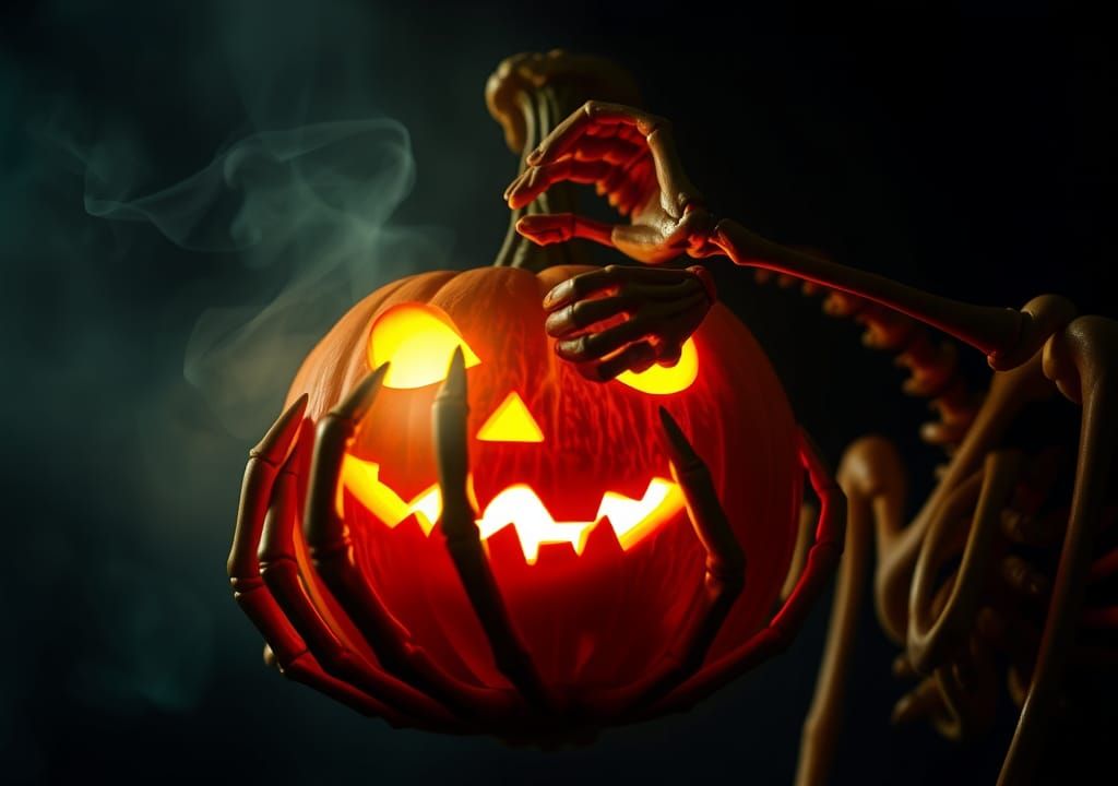 Skeleton's Macabre Grin with Glowing Pumpkin