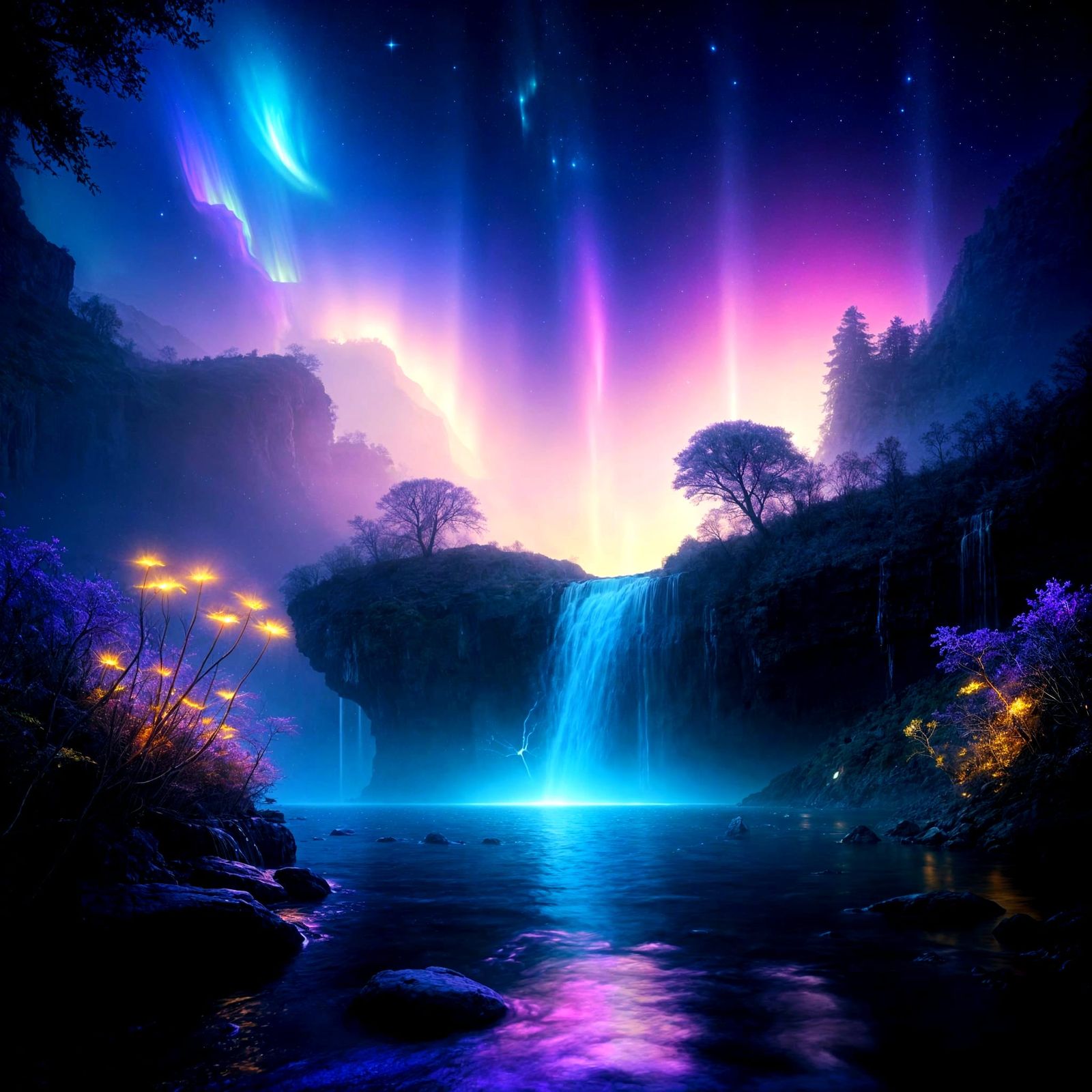 Ethereal Waterfall Cascades Under Twin Moons