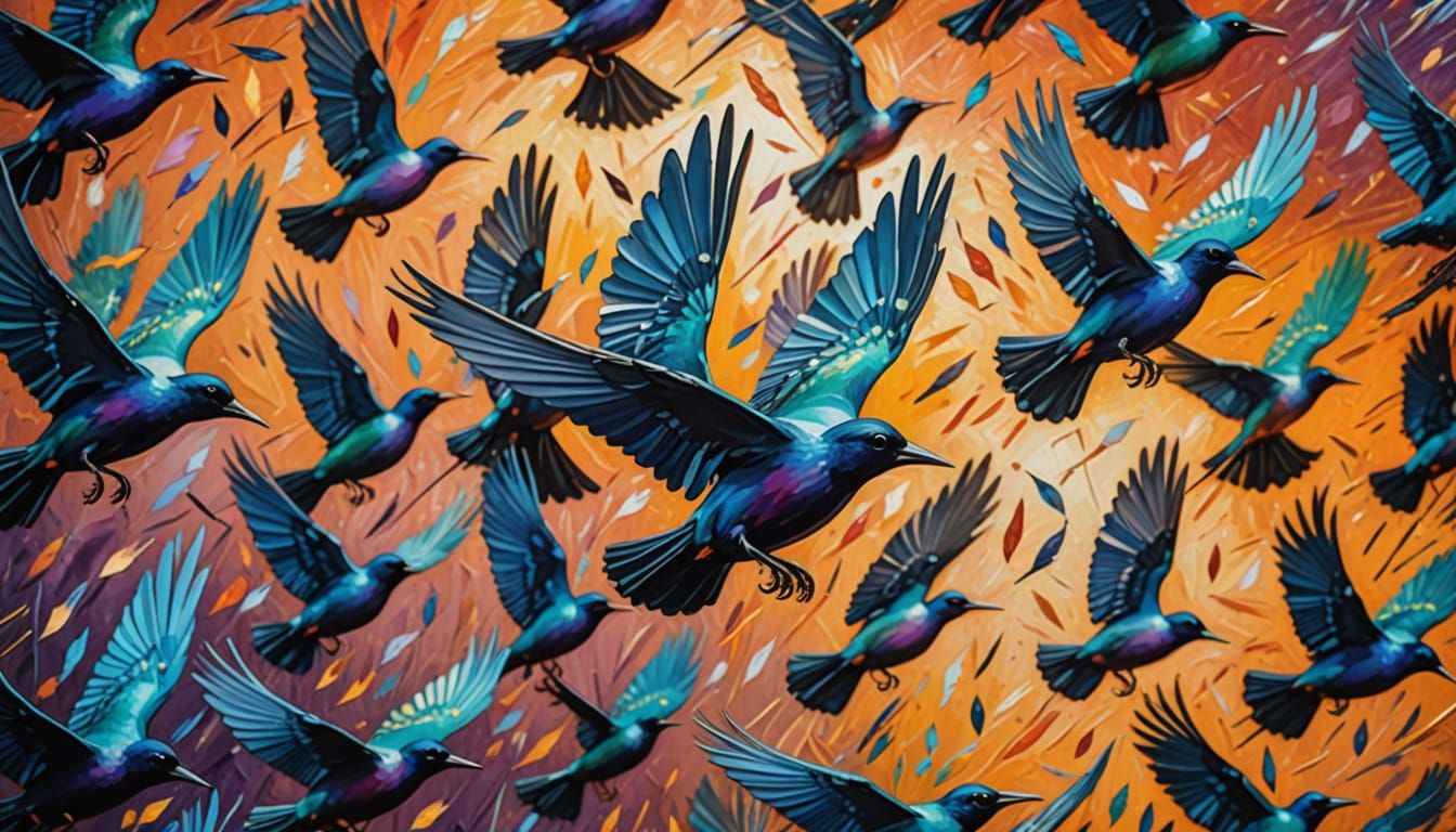 Iridescent Starlings in Flight: Abstract Expressionist Art