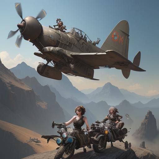 Dieselpunk Women Airbike Crew Over Fantasy Landscape