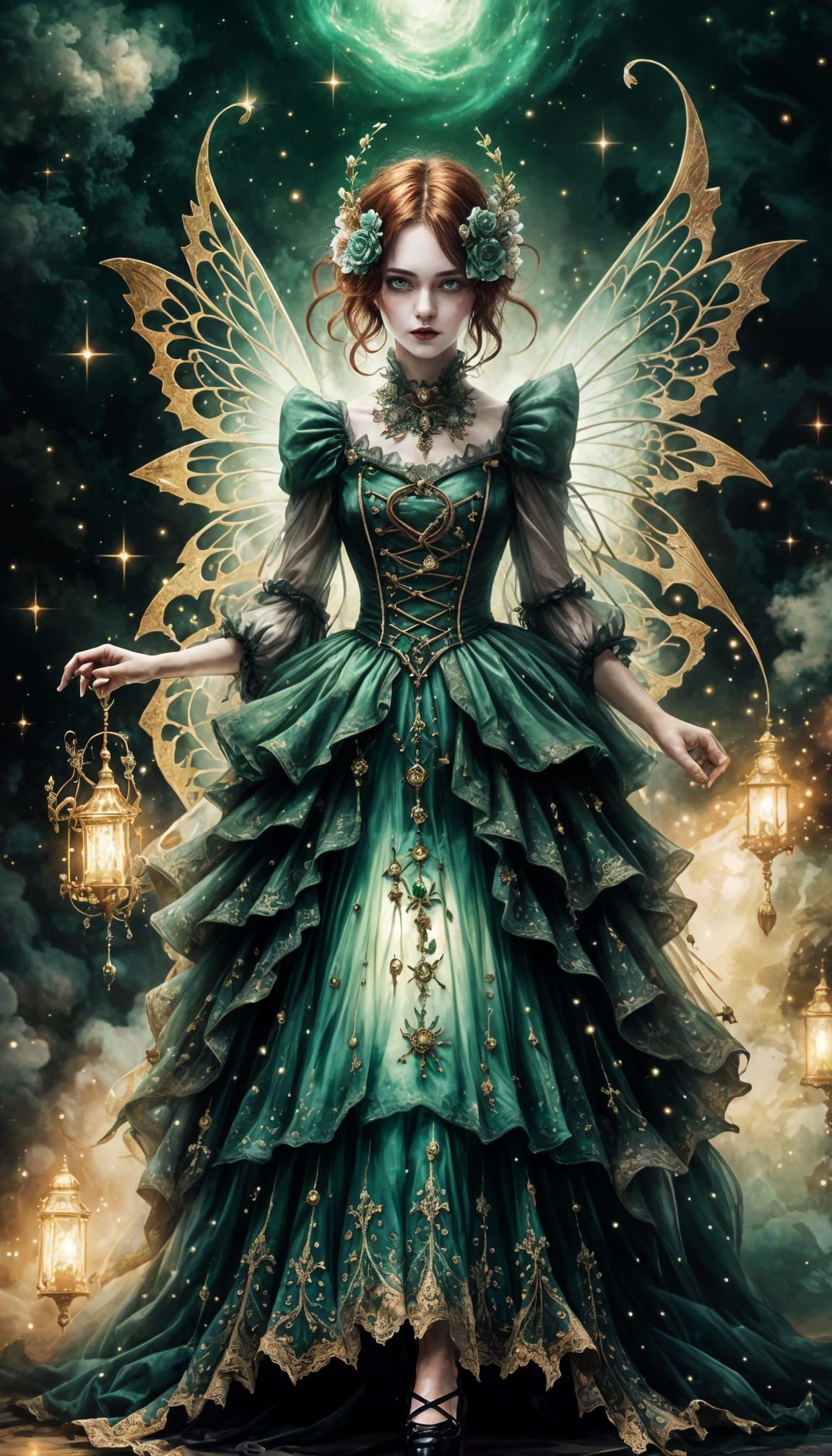 Mysterious Fairy in Emerald Gothic Dress