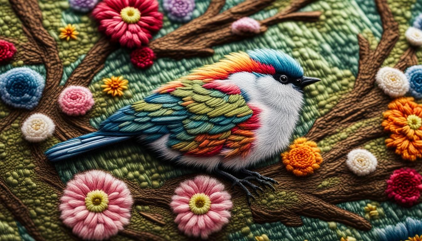 Hyper-Realistic Embroidery Art of Bird on Branch