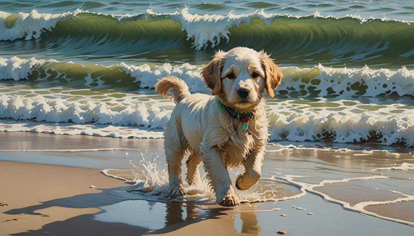 Puppy Frolics on Shore in Impasto Rococo Style
