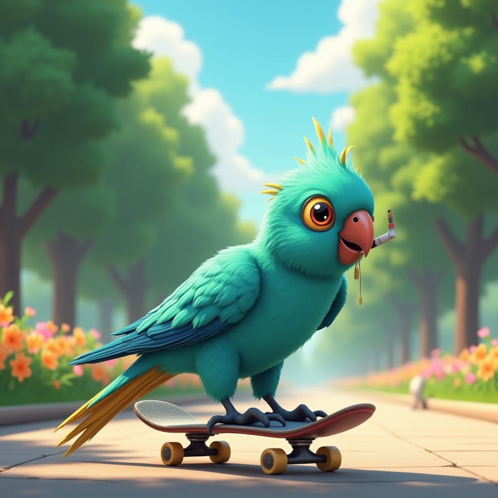 Parrot on Skateboard in Anime-Inspired 3D Render