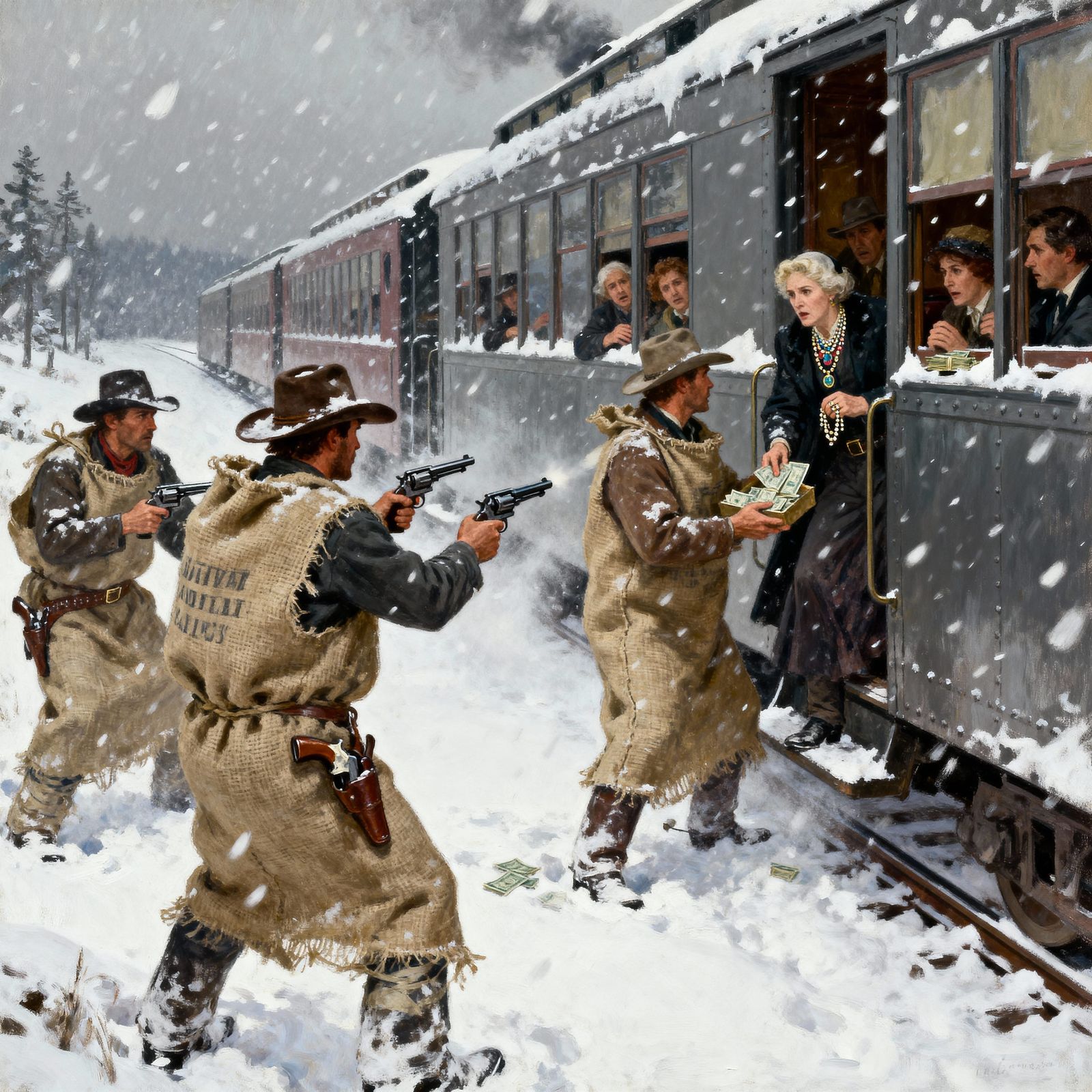Cowboy Train Robbery in Winter Storm