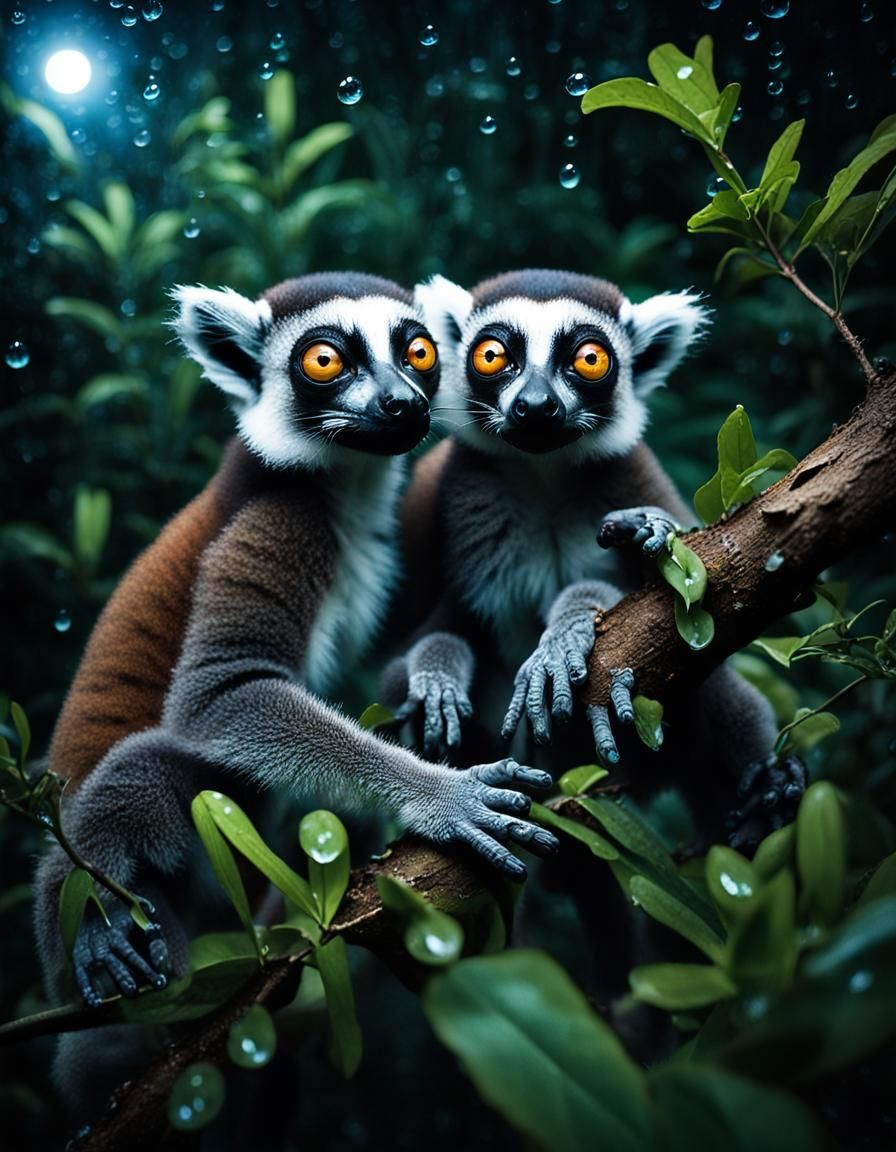 Lemur Couple in Moonlight: Cinematic Film Still