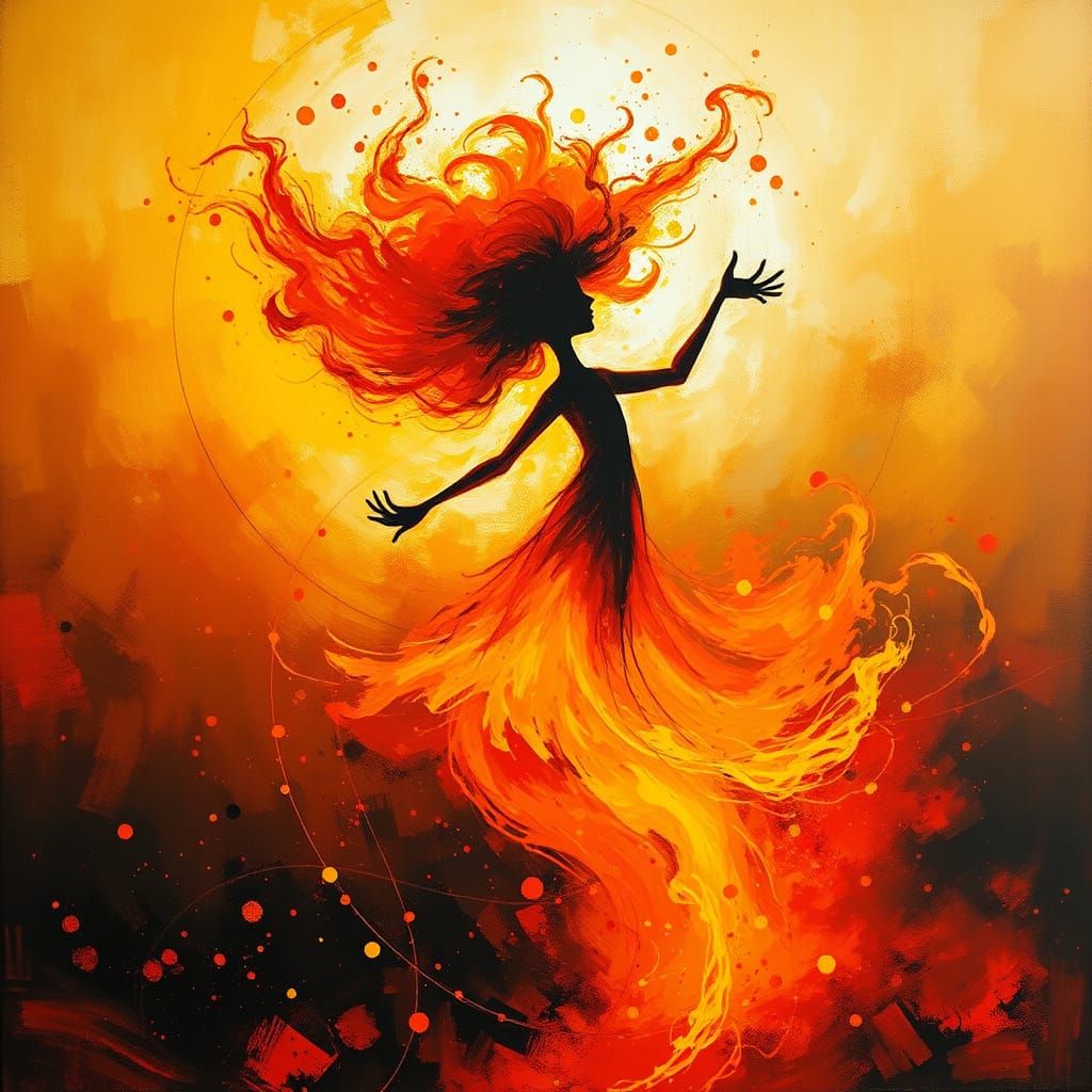 Whimsical Ember Dancer in Vibrant, Dynamic Scene