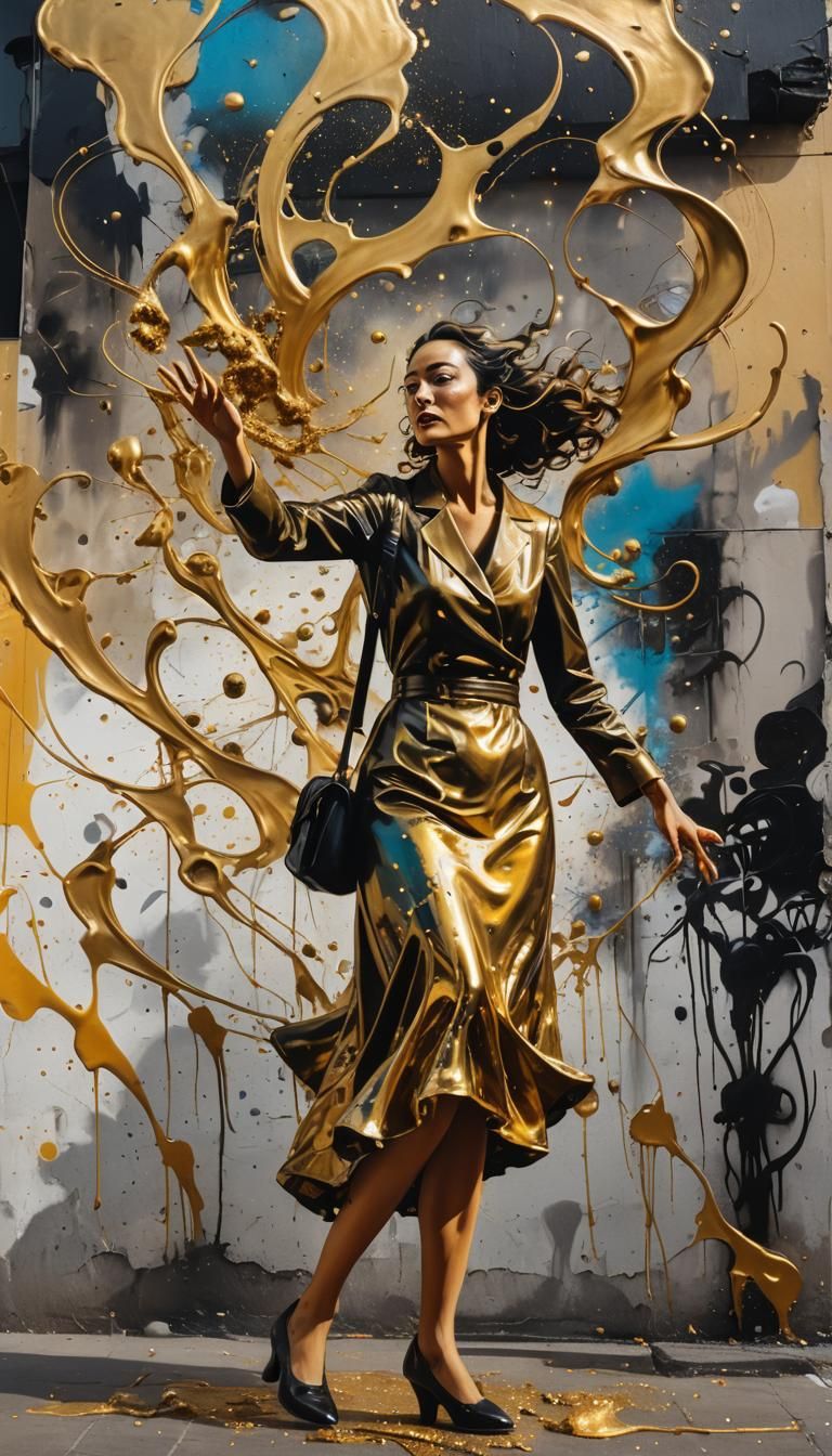 Woman and Swirling Gold in Vibrant Street Art