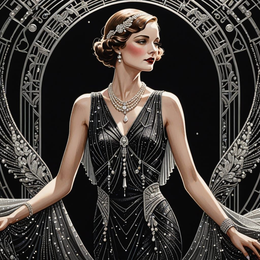 Art Deco Woman in Glamorous Silver and Black Dress